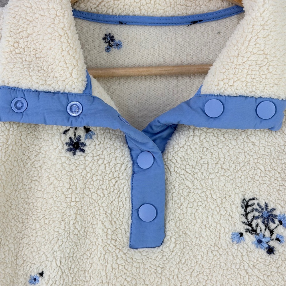 Dreamers Floral Sherpa Fleece Pullover Women Small Cream Blue Snap Neck - Picture 5 of 9